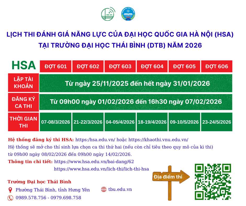 THÔNG BÁO LỊCH THI HSA NĂM 2026 TẠI TRƯỜNG ĐẠI HỌC THÁI BÌNH